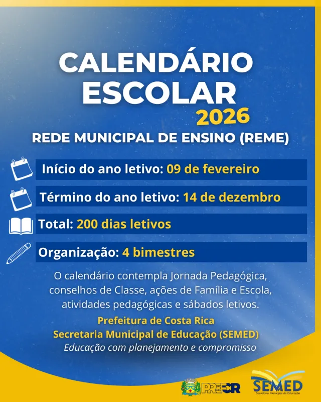 Imagem de compartilhamento para o artigo Prefeitura de Costa Rica define calendário escolar de 2026 na rede municipal da MS Todo dia